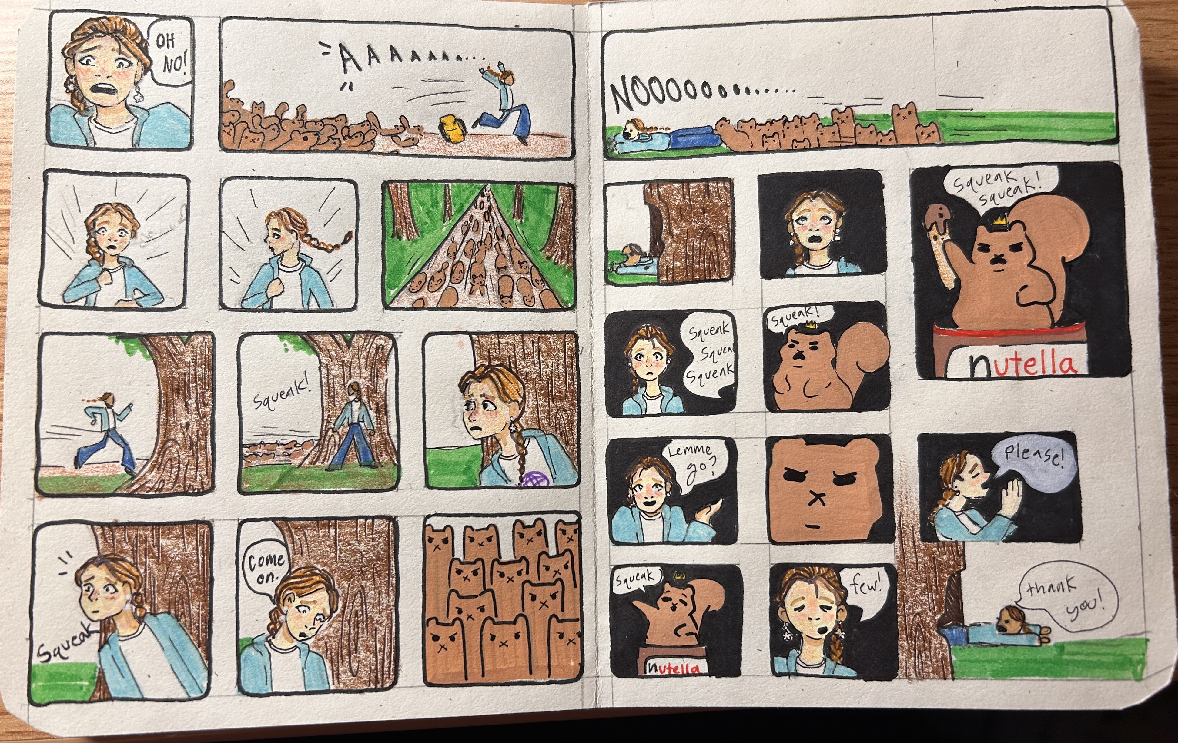 The girl is being chased by squirrels into a hollow tree. Inside, she is held captive by a "squirrel king" sitting on a Nutella jar, but she is eventually released and says "thank you!" as she crawls out.