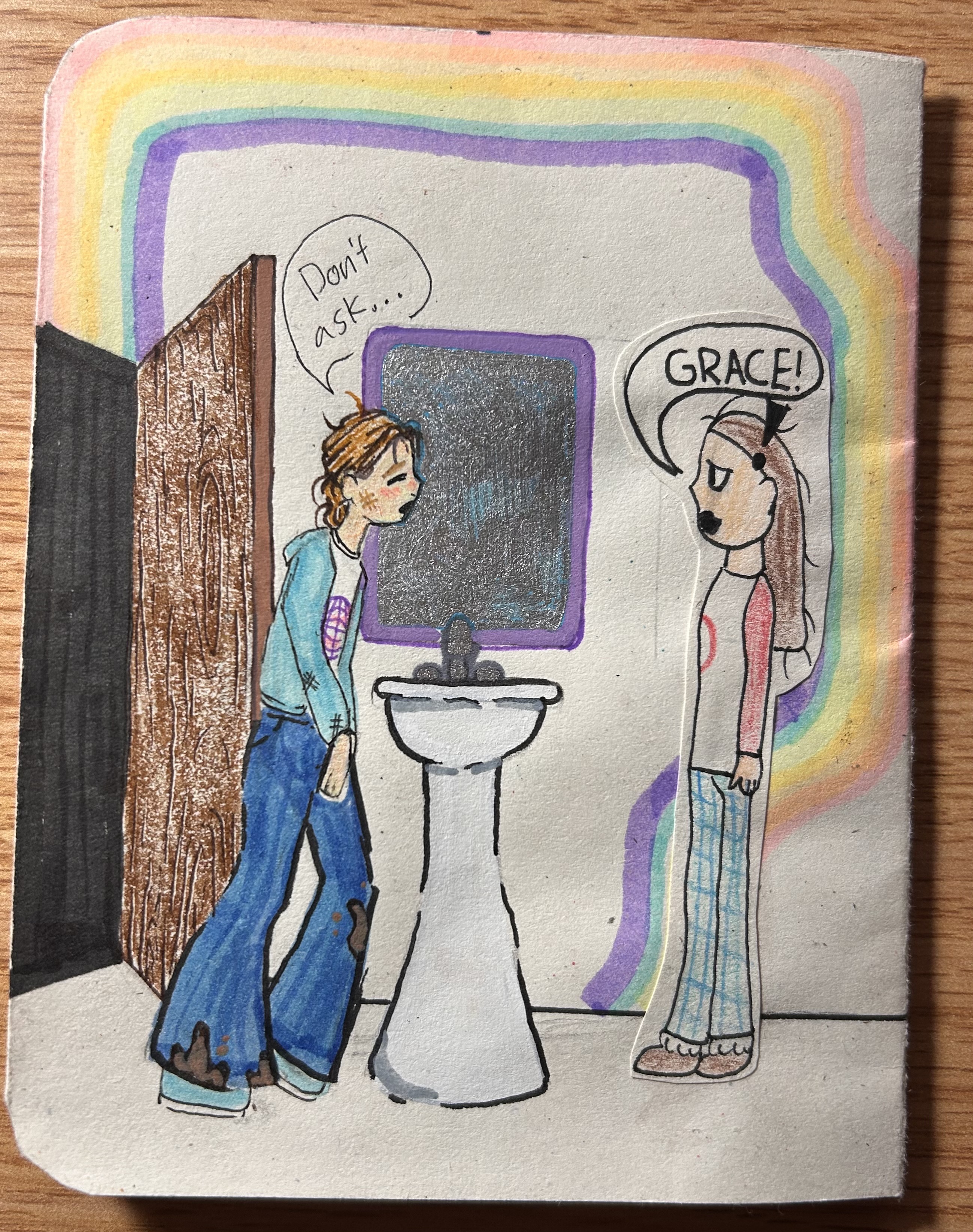 A full-page illustration of the girl, looking disheveled and muddy, standing in a bathroom. Another character stands opposite her, shouting "GRACE!" while Grace responds with a speech bubble saying, "Don't ask..."