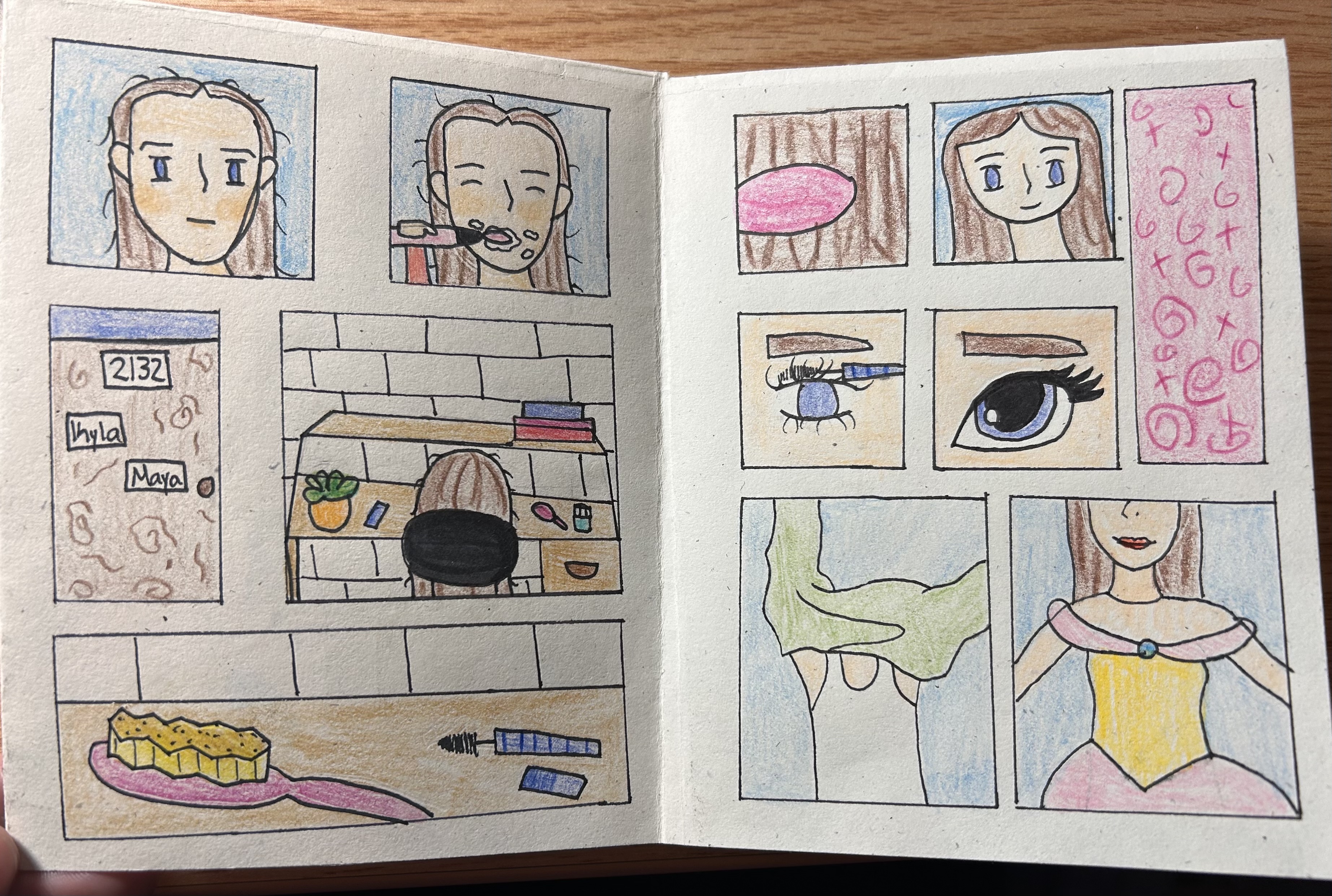 A second character getting ready in a dorm room labeled "Kyla" and "Maya"; she applies makeup and puts on a yellow and pink ballgown.