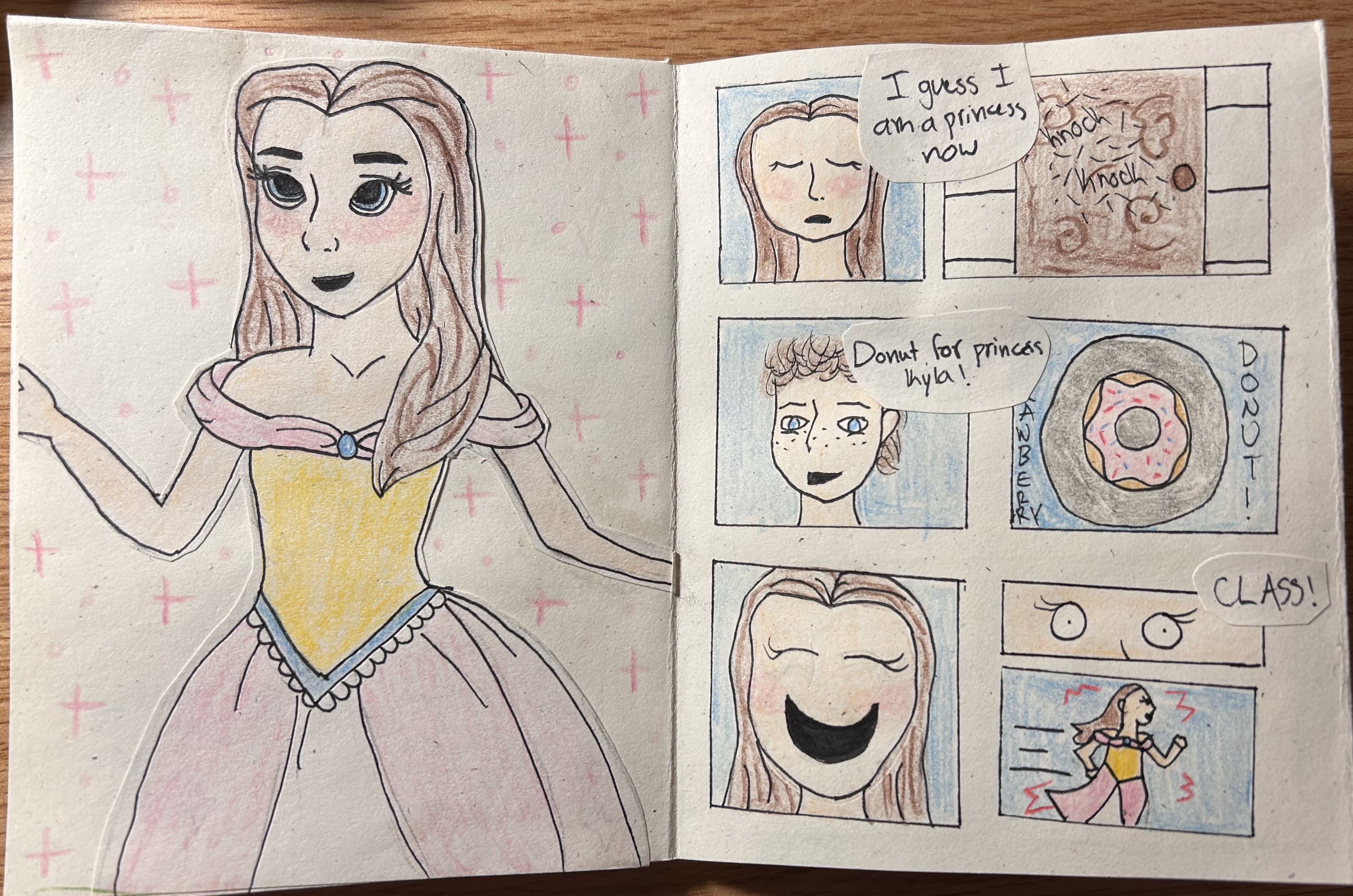 Kyla in her gown saying, "I guess I am a princess now," before receiving a donut from a friend and running off to class.