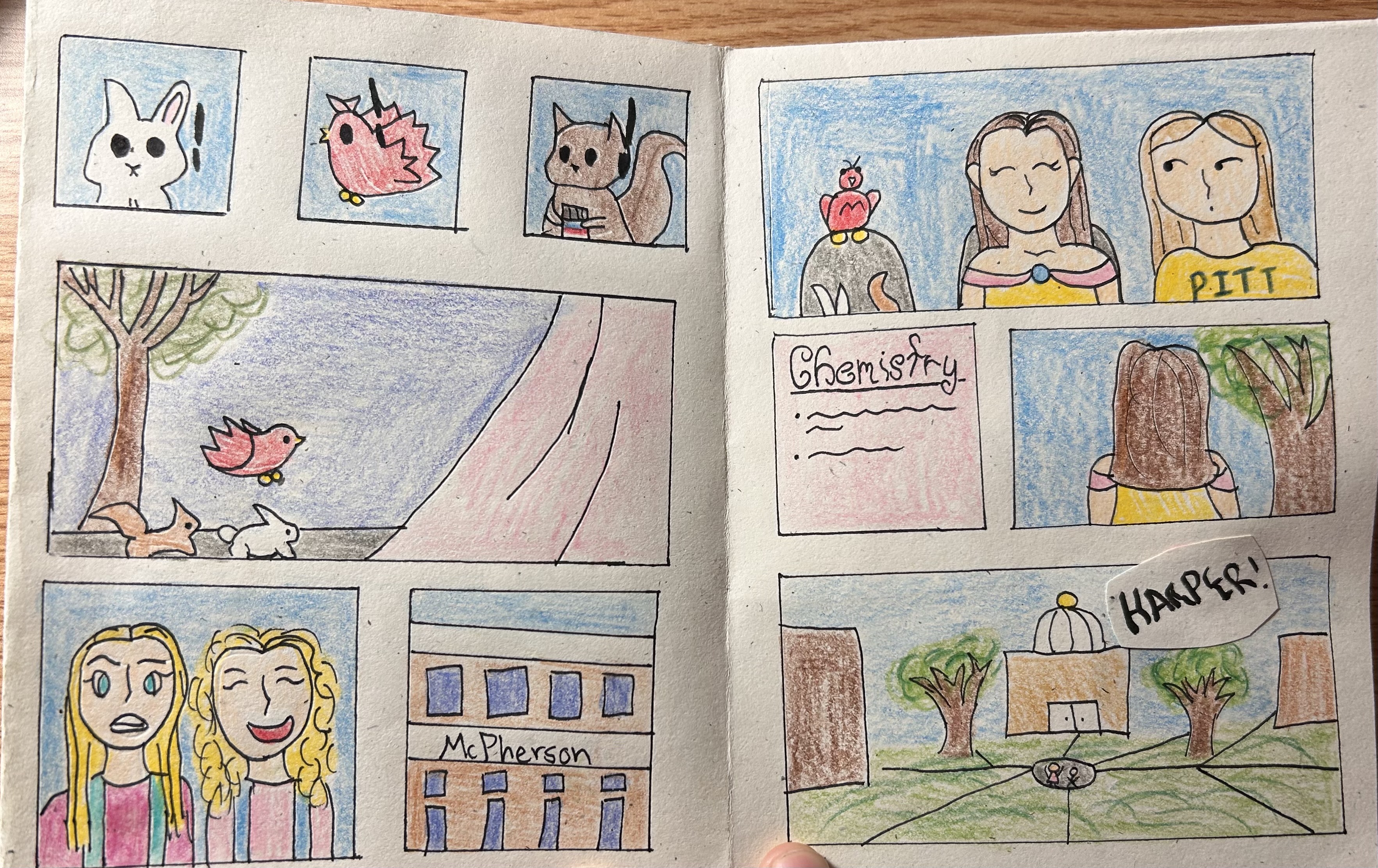 The princess character and a friend in a "PITT" shirt walking past animals on campus toward a building labeled "McPherson" for Chemistry.