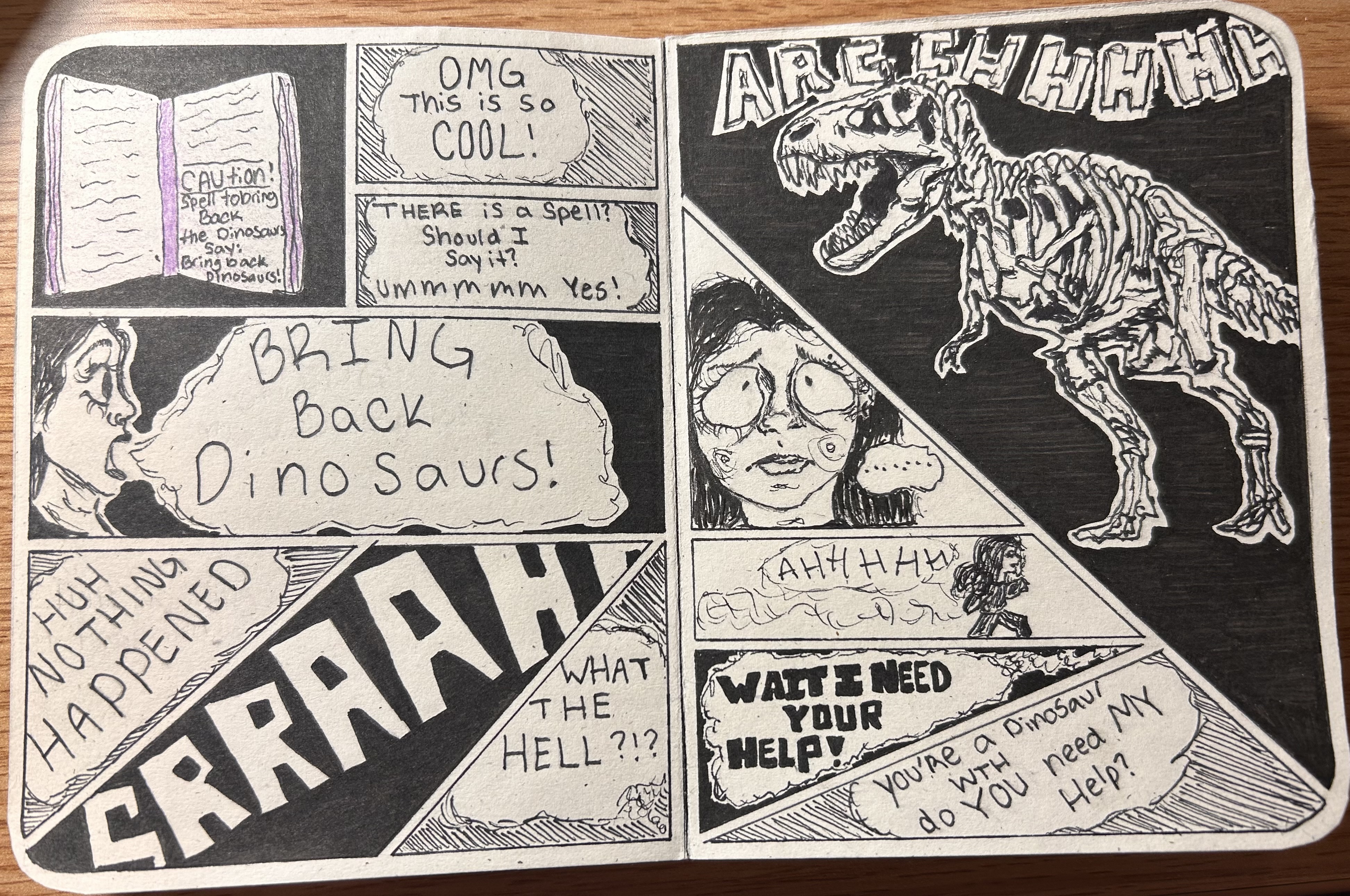 The character reads a spell to "Bring back Dinosaurs"; a T-Rex skeleton comes to life and asks the shocked character for help.