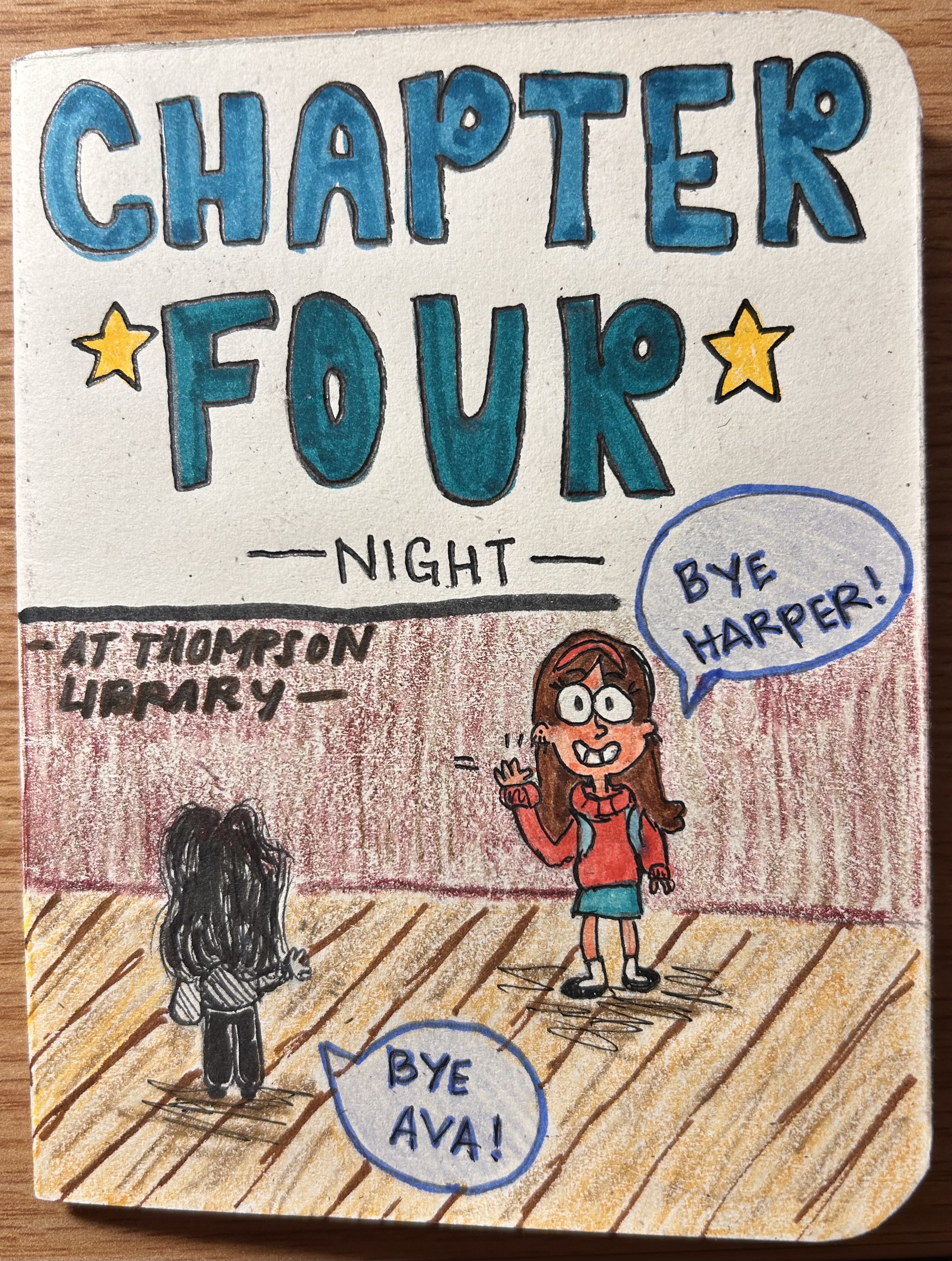 The title page for "Chapter Four — Night — At Thompson Library." It shows a cheerful character with long brown hair and a red sweater waving goodbye to her friend Harper.