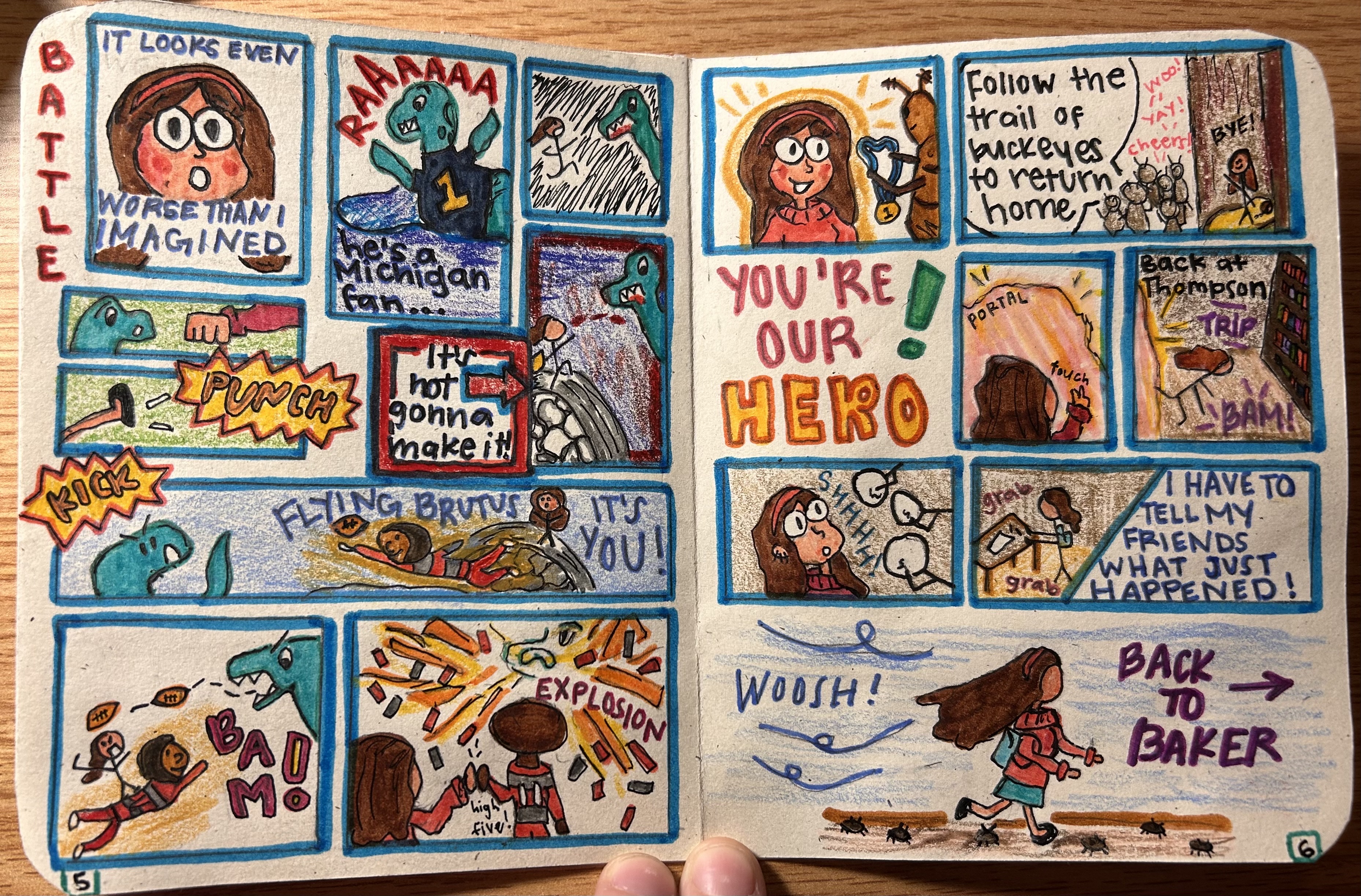 A battle sequence where the girl and "Flying Brutus" use a football to defeat a giant dinosaur monster that is a Michigan fan. After the victory, she receives a medal and heads "Back to Baker."