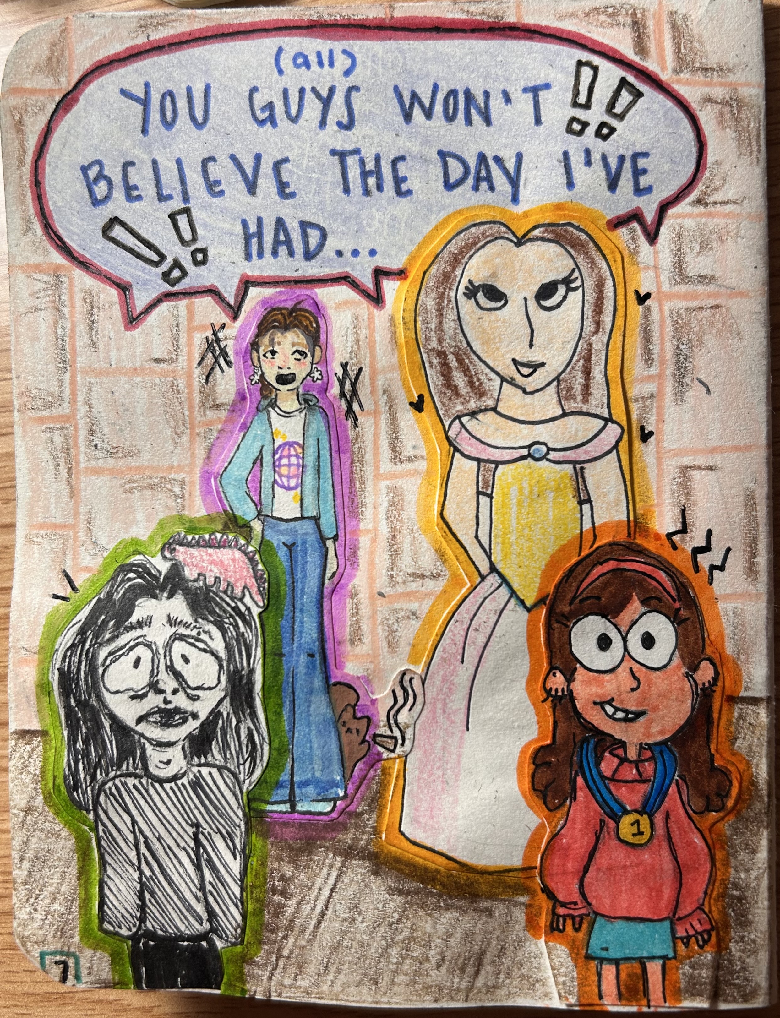 A final splash page featuring four different characters—including Ava and the girl in the red sweater—all standing together and saying in unison, "You guys won't believe the day I've had...