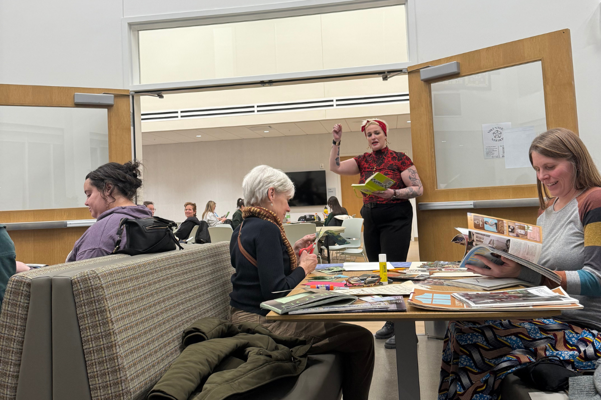 emily morgan talking to collage collective members