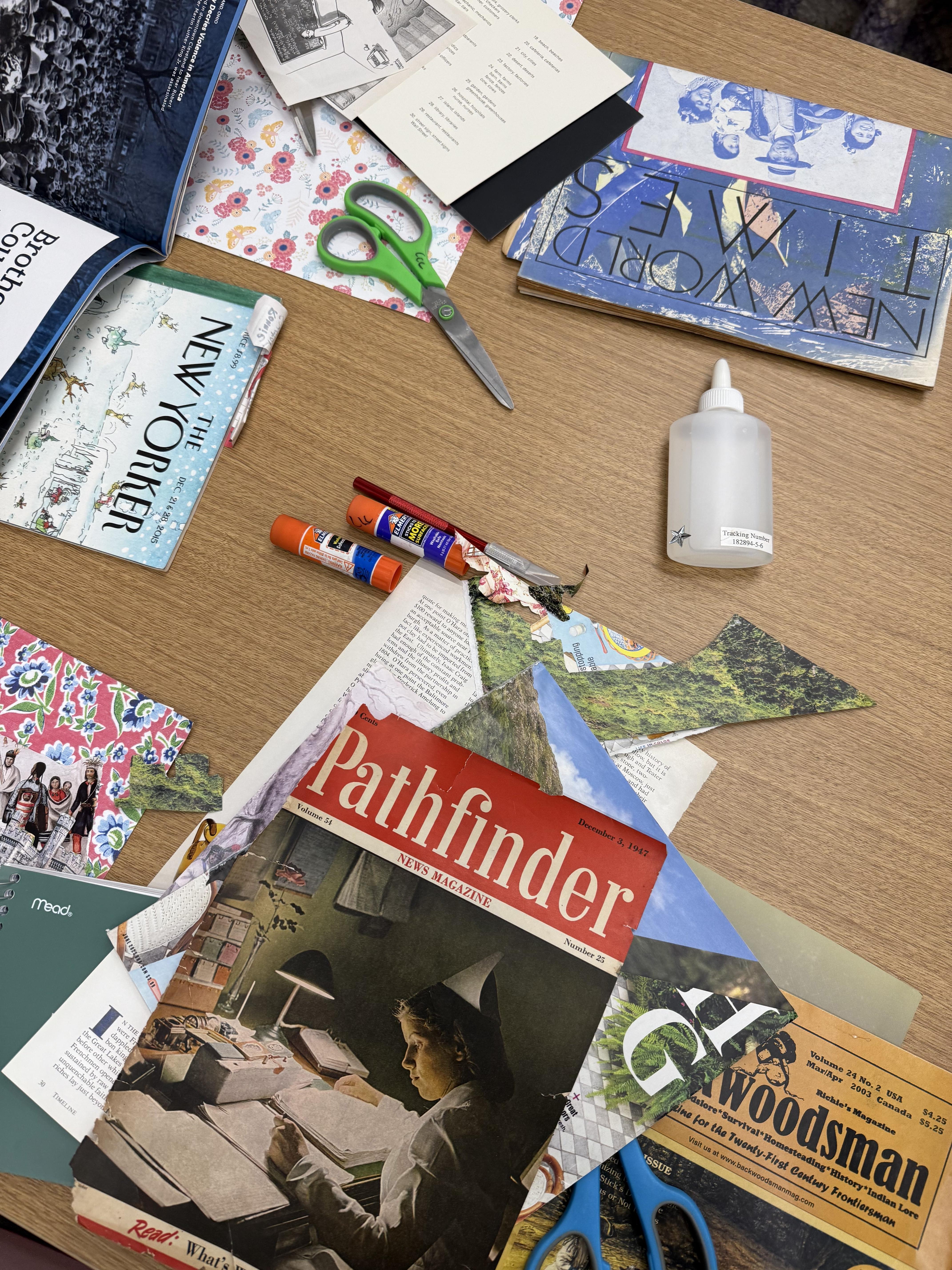 pile of collage supplies: magazines, glue, scissors