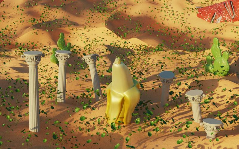 3D rendering of a stylized banana surrounded by roman styled columns in desert setting