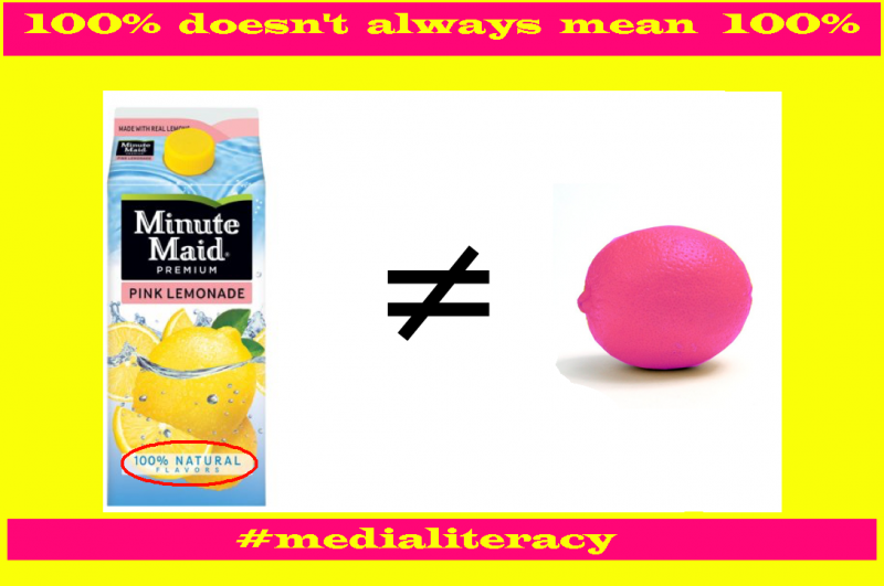 Image of Pink lemonade carton not equaling a pink lemon. "100% doesn't always mean 100%. #medialiteracy"