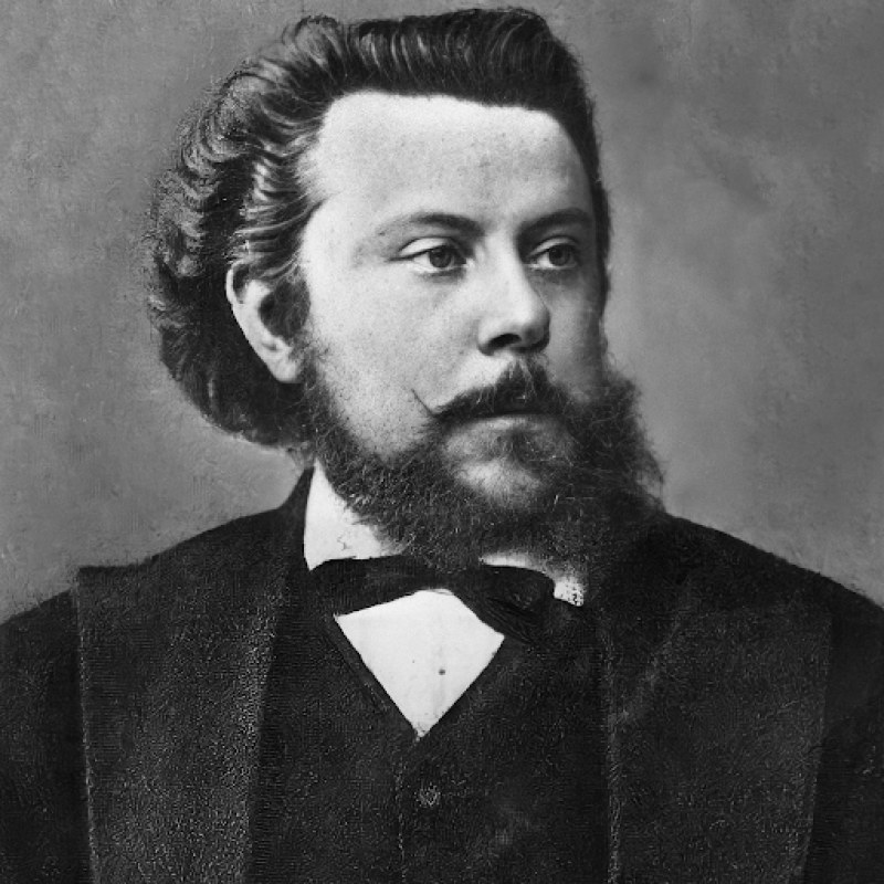 A black-and-white photograph of Modest Mussorgsky