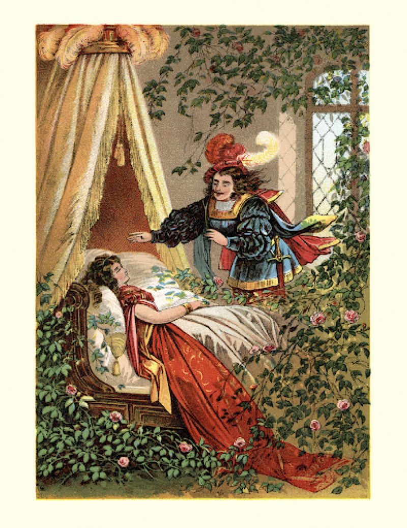 An illustration of a prince approaching a sleeping princess in a bed surrounded by ivy