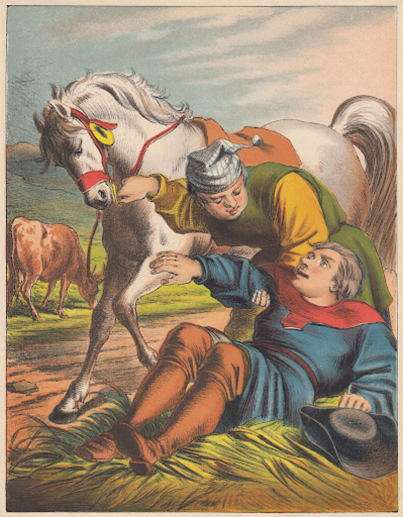 An illustration of a man with a horse helping up a man on the ground