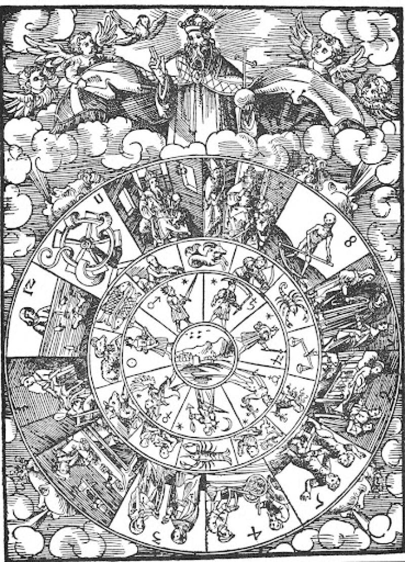 A circle filled with numbered panels of creatures engaging in various activities, below a god and multiple cherubim, or baby-like angels