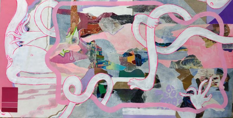"Olympia" painting by Blair Bagnoli, large wide contemporary painting with themes of bright pink colors