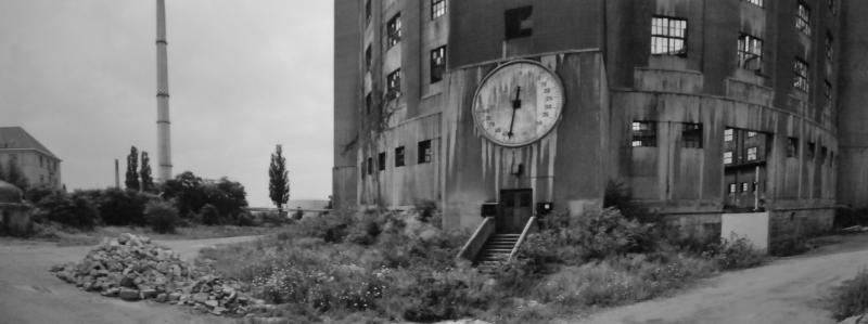 Black and white image of a gas depot