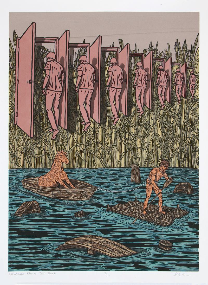 drawing of man standing on raft and rowing in body of water