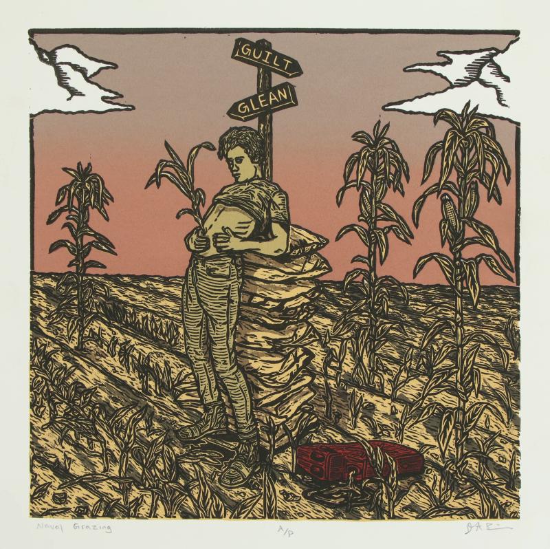 Relief print of a person in a corn field with shirt lifted to expose the stomach and reveal and a corn stalk emerging from belly button