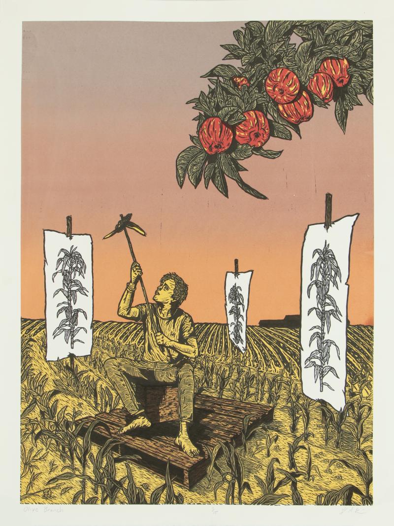 Relief print of a person squatting in a field holding a stick in their hands rasied to the sky. Surrounded by three drawings of corn stalks standing the the field