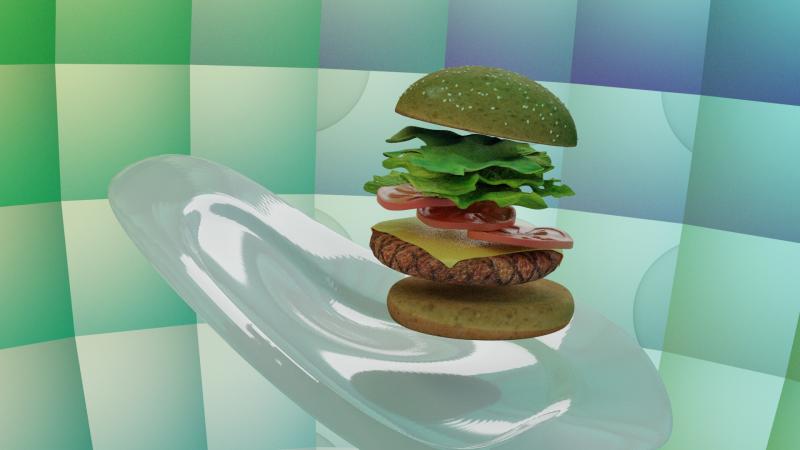 Digital rendering of a burger floating above a plate with the layers of lettuce, tomato and cheese floating suspended between the top and bottom bun.