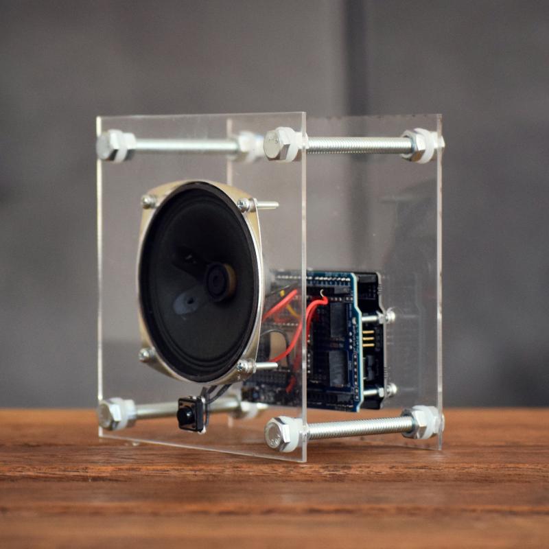 Photograph of a small speaker in a clear housing to reveal interior wiring and electronics