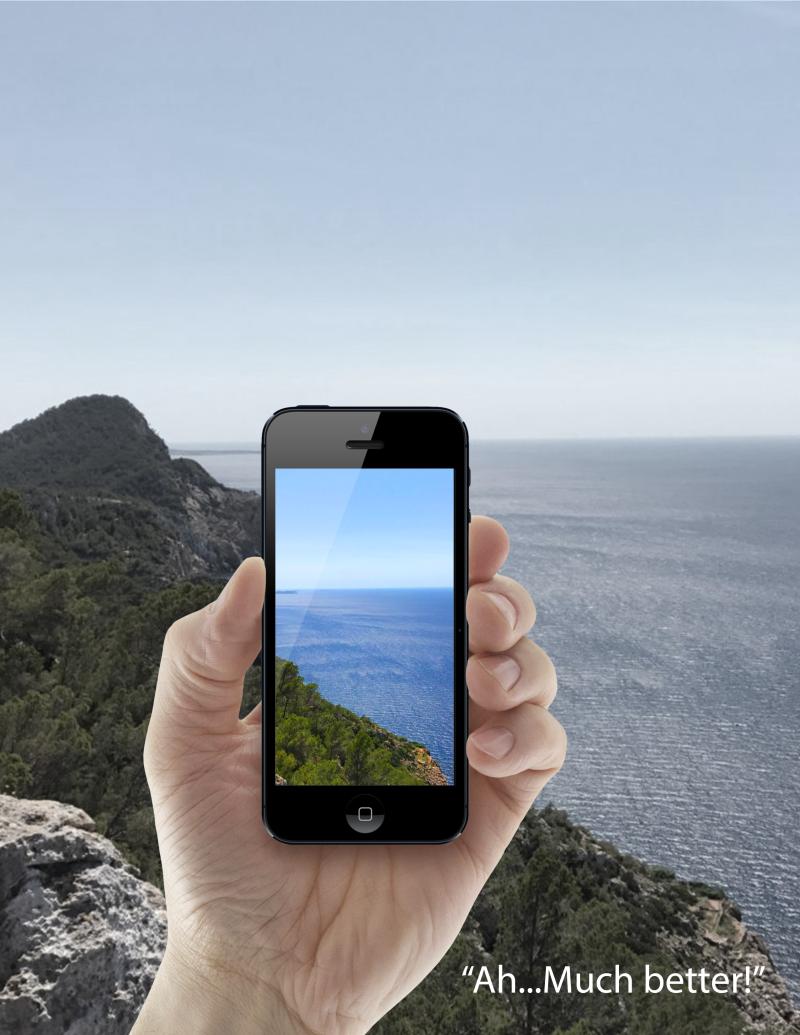 hand holding phone taking picture of mountain. text states "Ah...Much Better!"