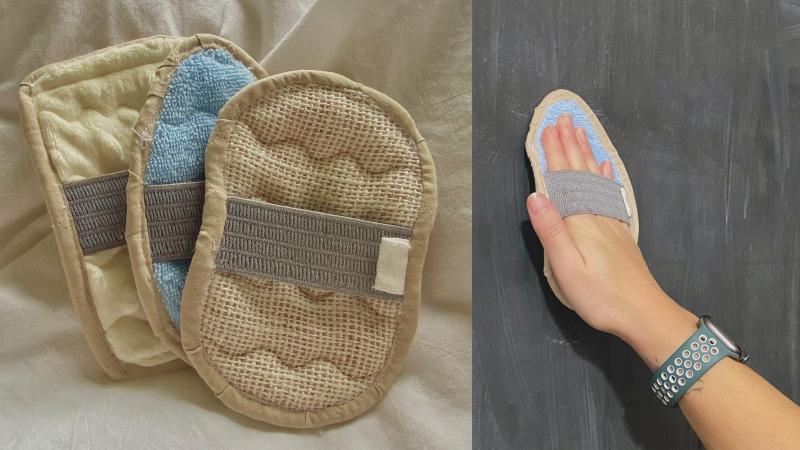 A shot of three different kinds of Scrubbits, and a close-up of a model's hand using a Scrubbit.