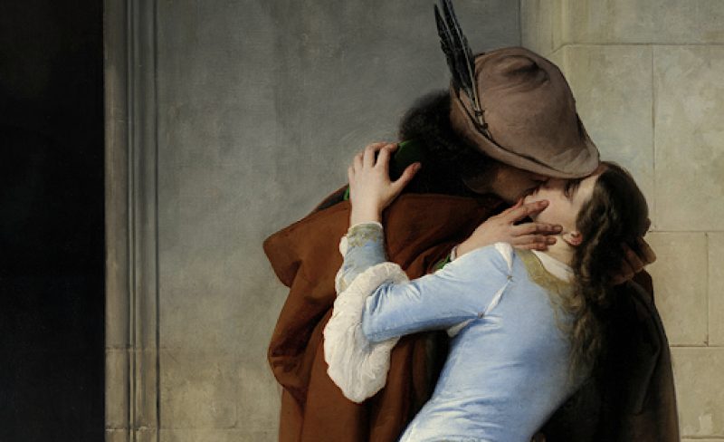 A painting of a man and woman engaged in a passionate kiss