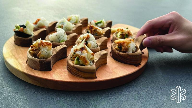 tray with fan-shaped wooden holders for food