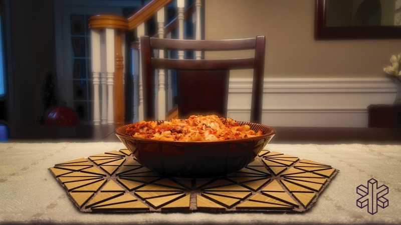 geometric trivet with pan of food on top