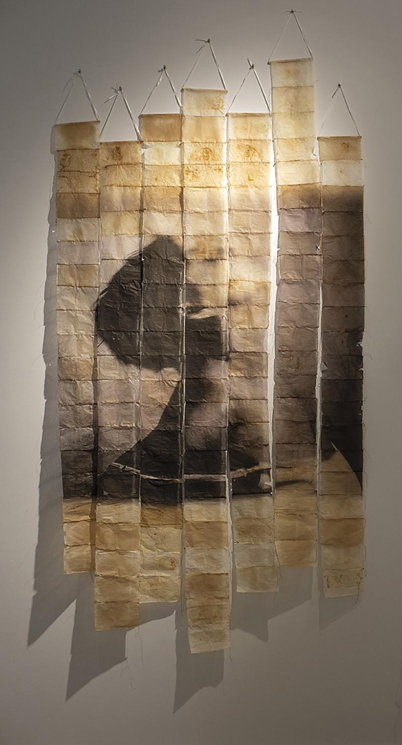 inkjet prints on tea bags that are sewn together