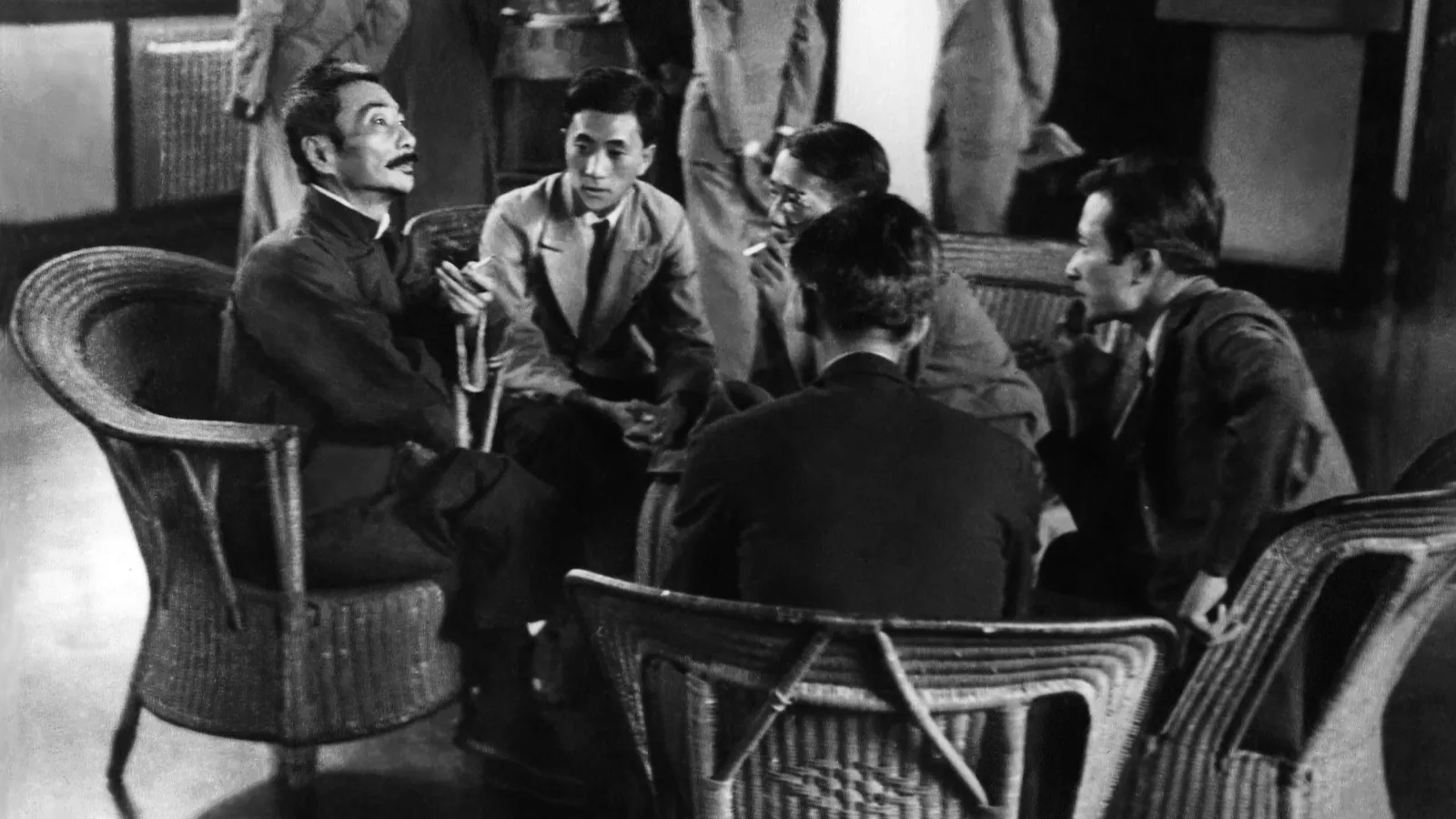 Lu Xun and Young Woodcut Artists (from left): Huang Xinbo, Cai Bai, Bai Wei, and Chen Yanqiao at the Second National Traveling Woodcut Exhibition, Shanghai, 1936