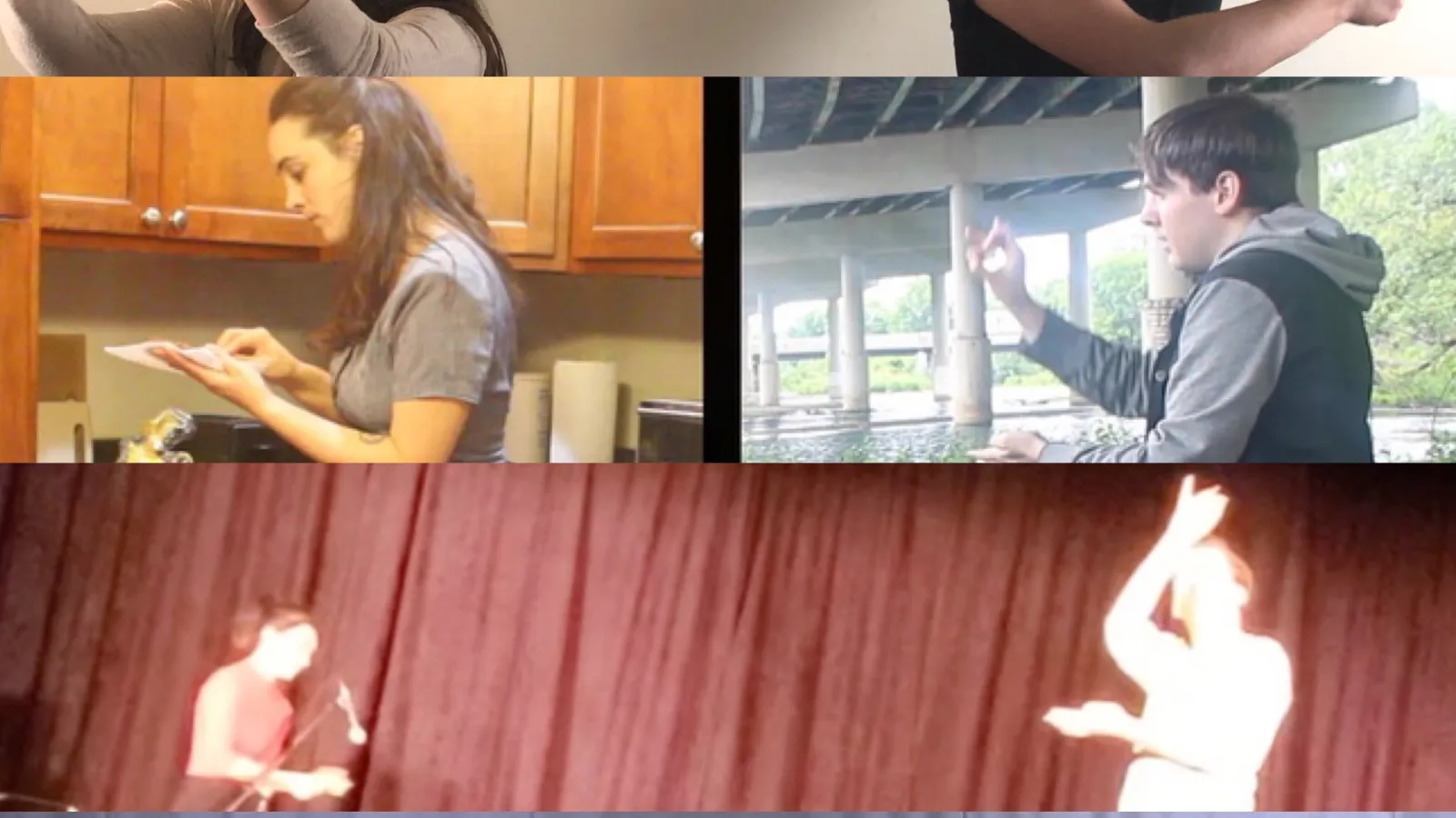 Image still from "Hear We Go" exhibition. A square image that shows a collage of people. The image is split into four horizontal sections. Six people are shown performing something theatrical, almost all of them with dramatic arm gestures.