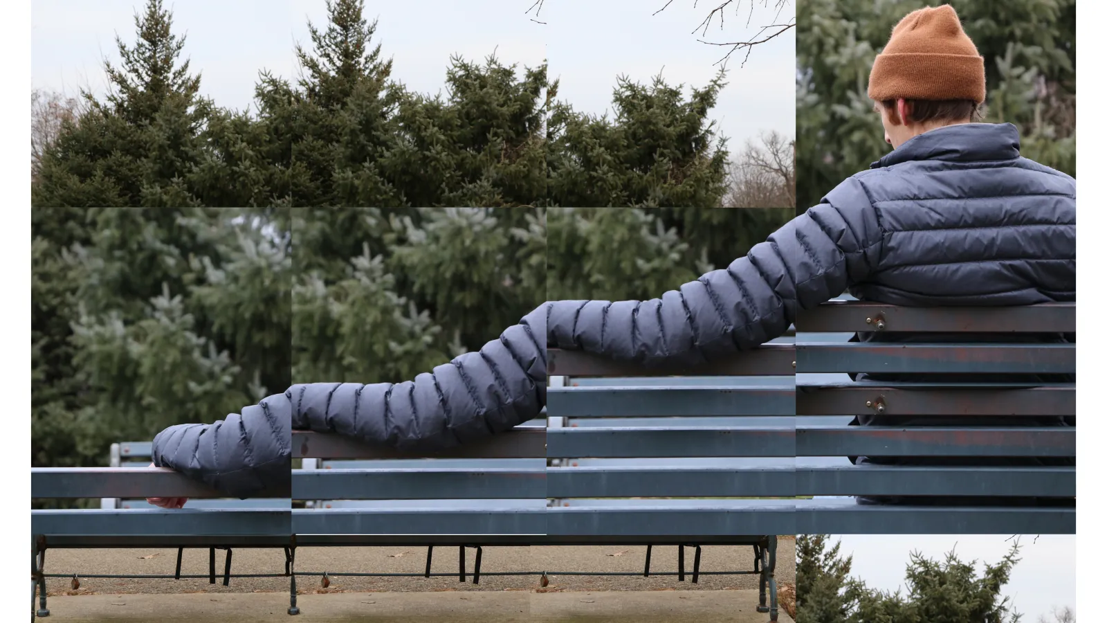 Promo image for Nobody There, features man sitting on a bench but one arm is photoshopped to be very long