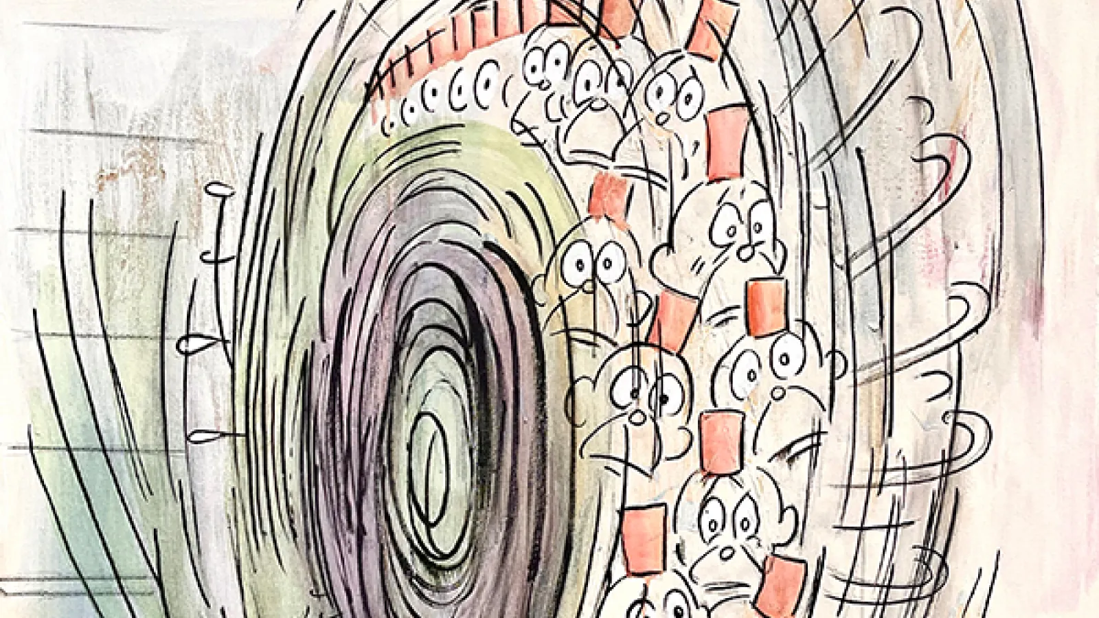 painting of a group of people spinning in a wheel, in a cartoon style