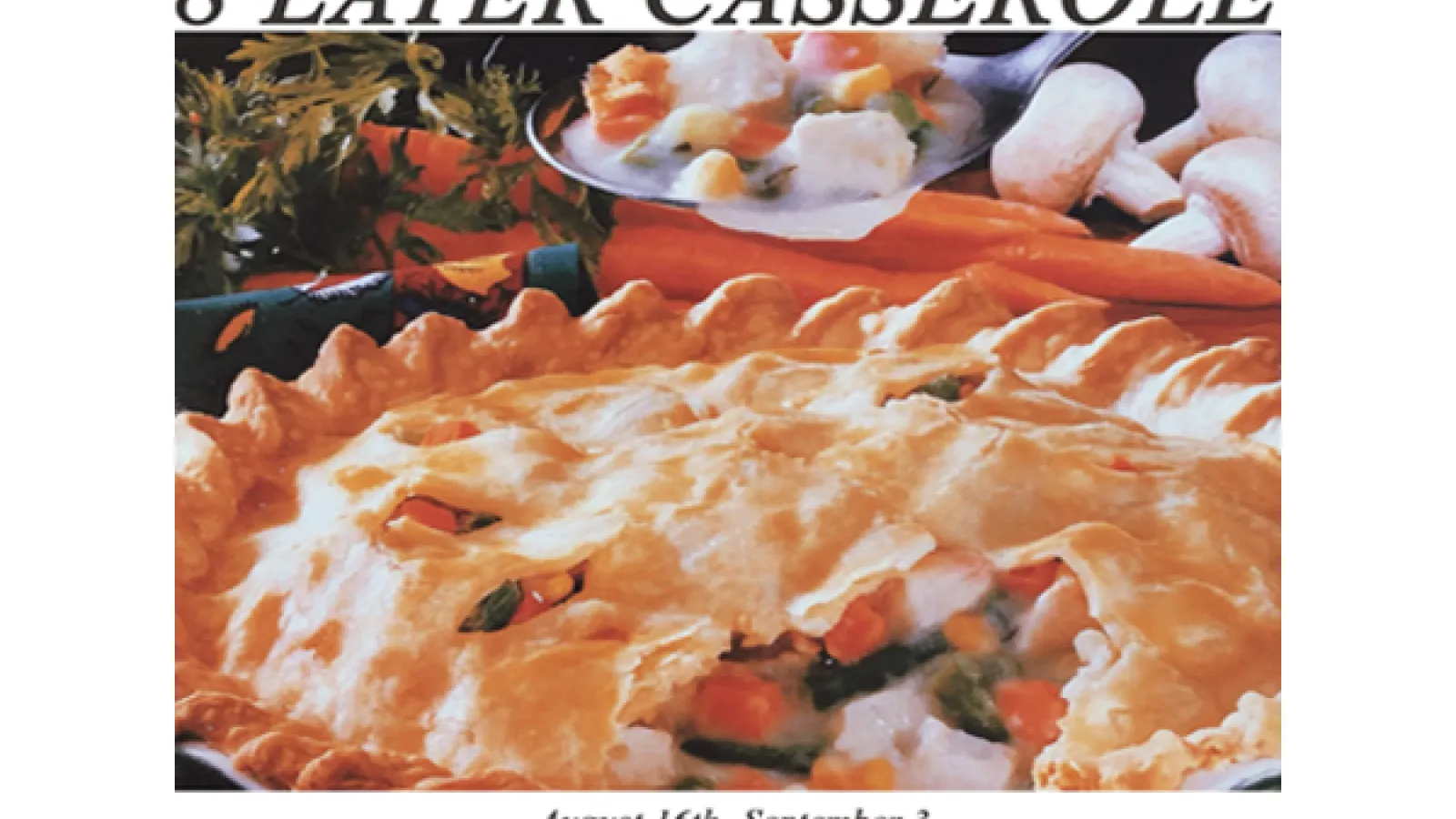 table of food including a casserole with text above saying '8 layer casserole' 