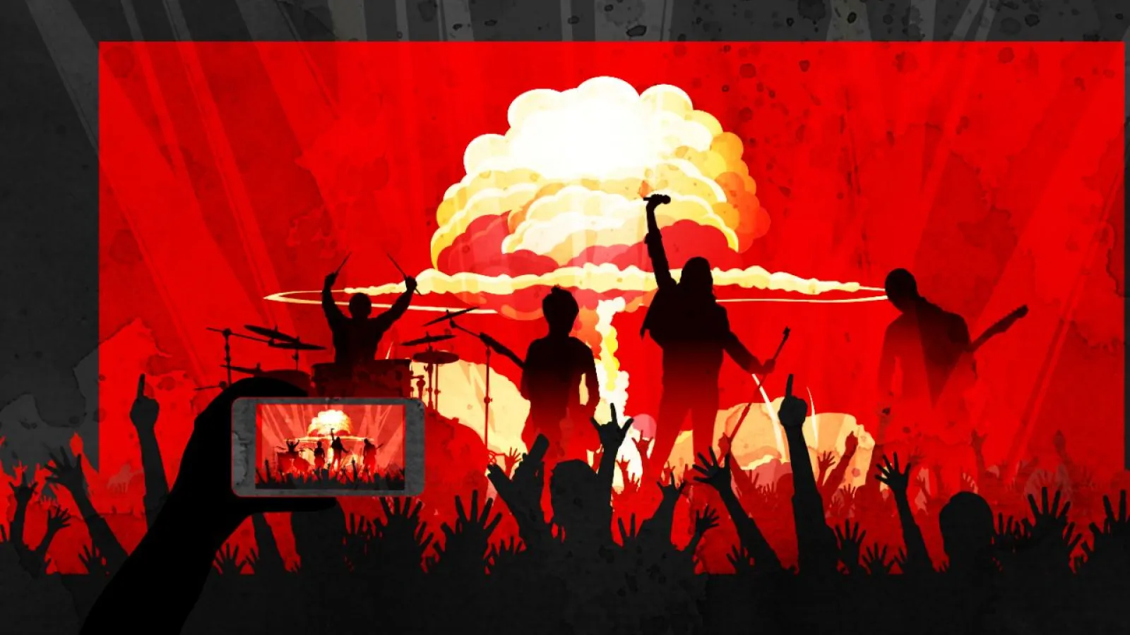 black outlines of rockstars and fans with red and grey background
