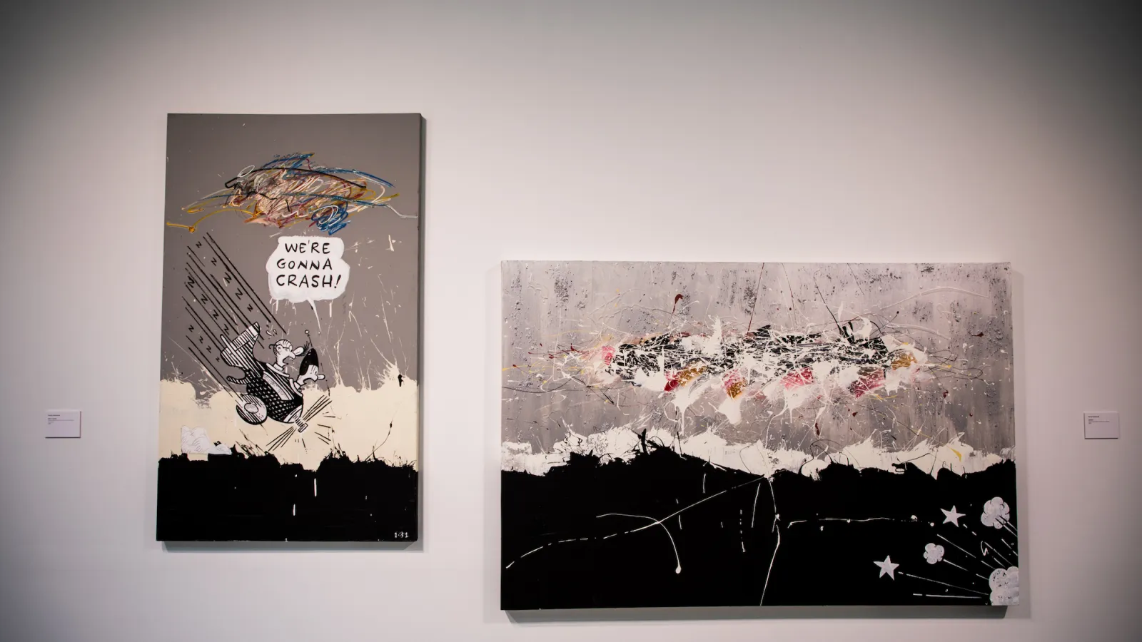 two paintings, one has two cartoon people in a plane screaming