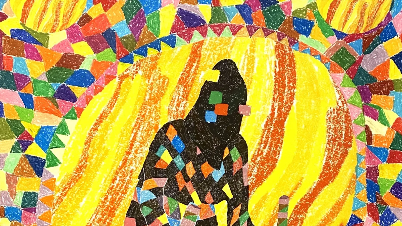 Mosaic of various colors using inkjet and pastels on a canvas. Centered with a yellow, red and orange sun placed behind a figure representing Domingo de Ramos y Domingo de la Pascua 