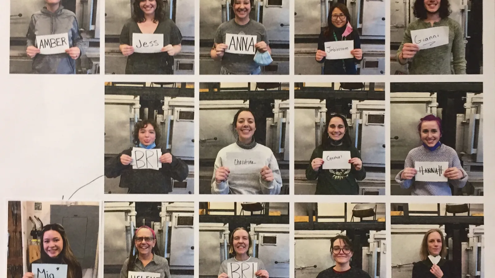 A collage of the twelve artists holding up a piece of paper with each of their names on it