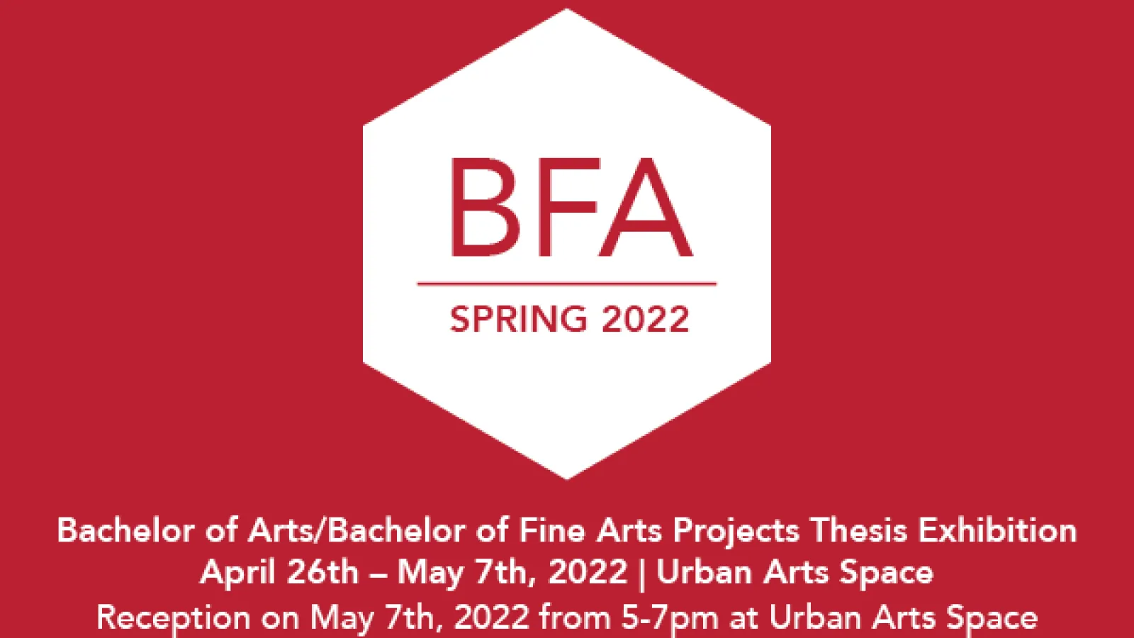 A red background with white text includes details about the Senior Projects Exhibition