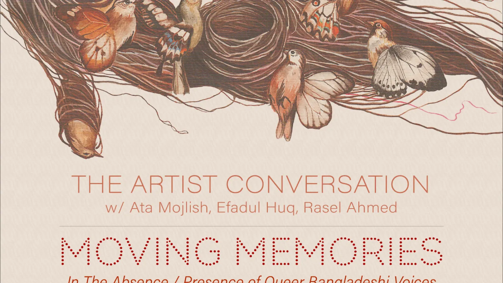 artist conversation announcement with birds and a bird nest against a soft background