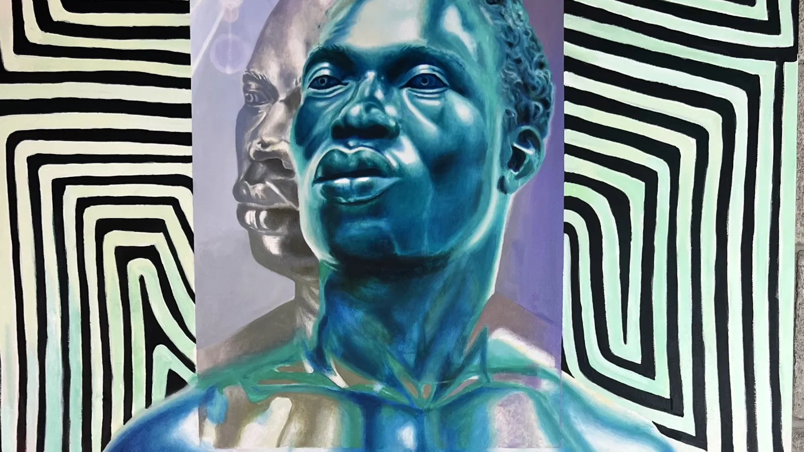 A painting of a man with blue skin on a black and white lined background