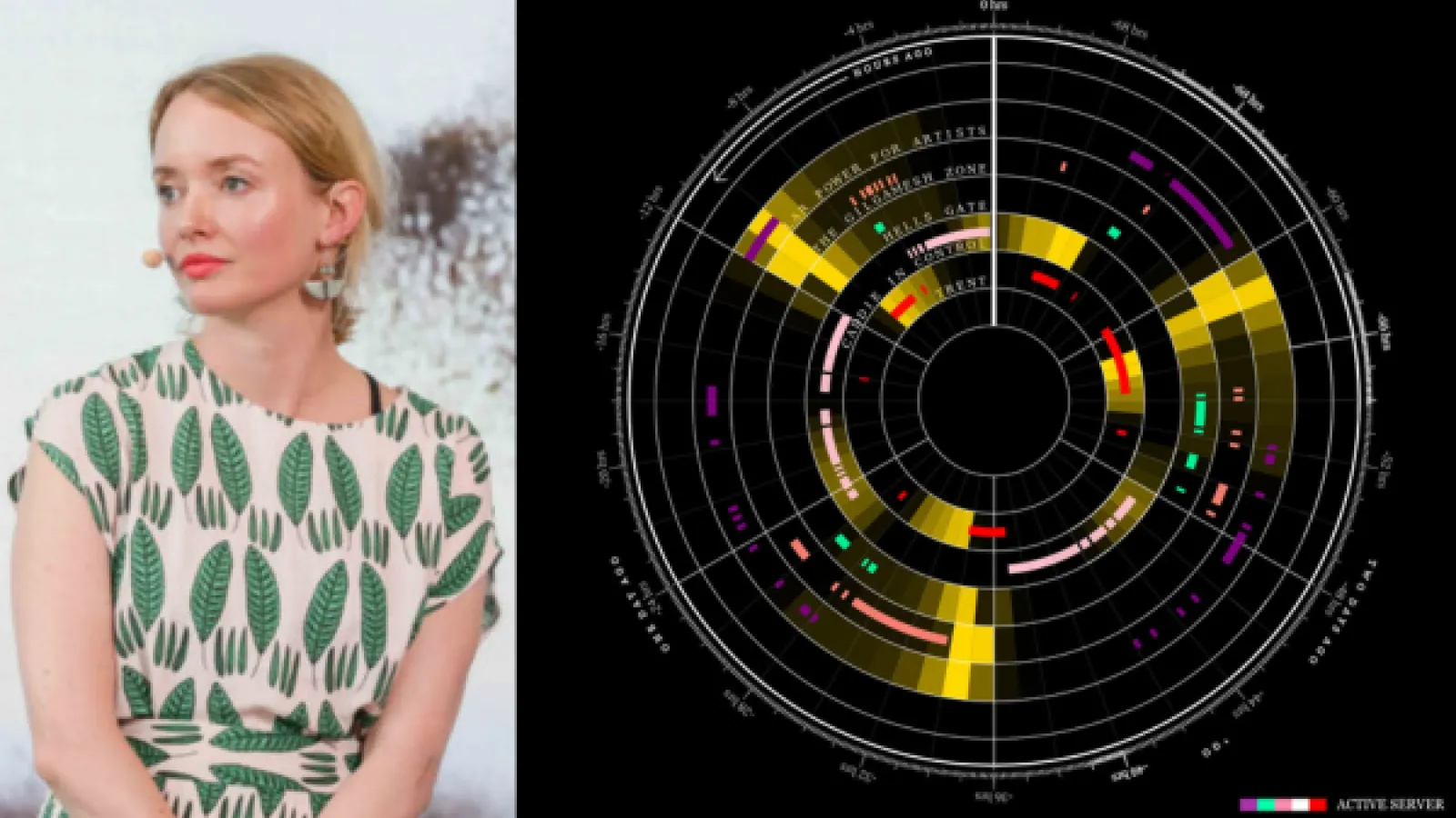 Photo of Tega Brain beside her artwork, a round target-like data composition