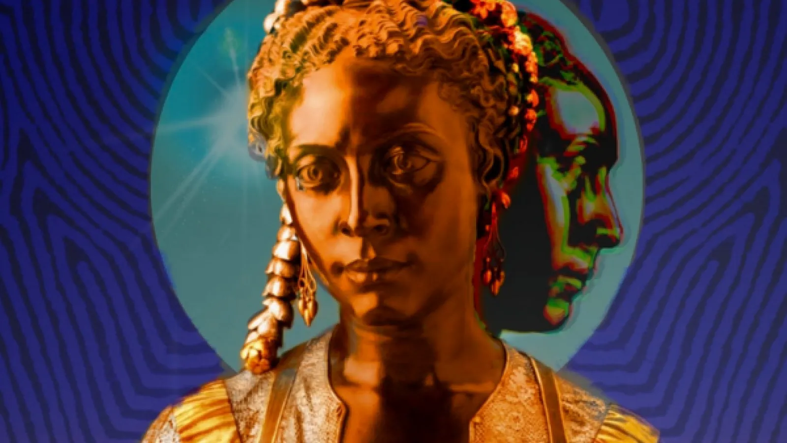 Painting of a woman made of bronze with a second face looking to her right