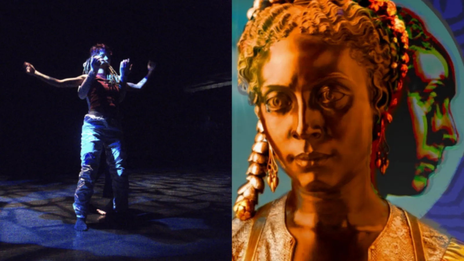 Half of the image is of Nico Lawson dancing and the other half is a painting of a woman in bronze by Arris' J. Cohen