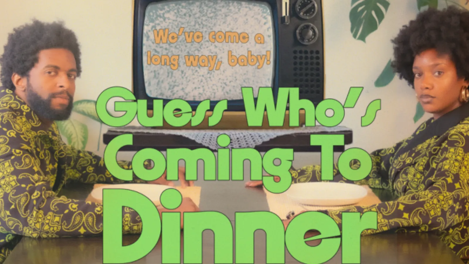 Guess Who's Coming to Dinner - We've come a long way, baby with two people sitting across from people at a table with a TV behind them