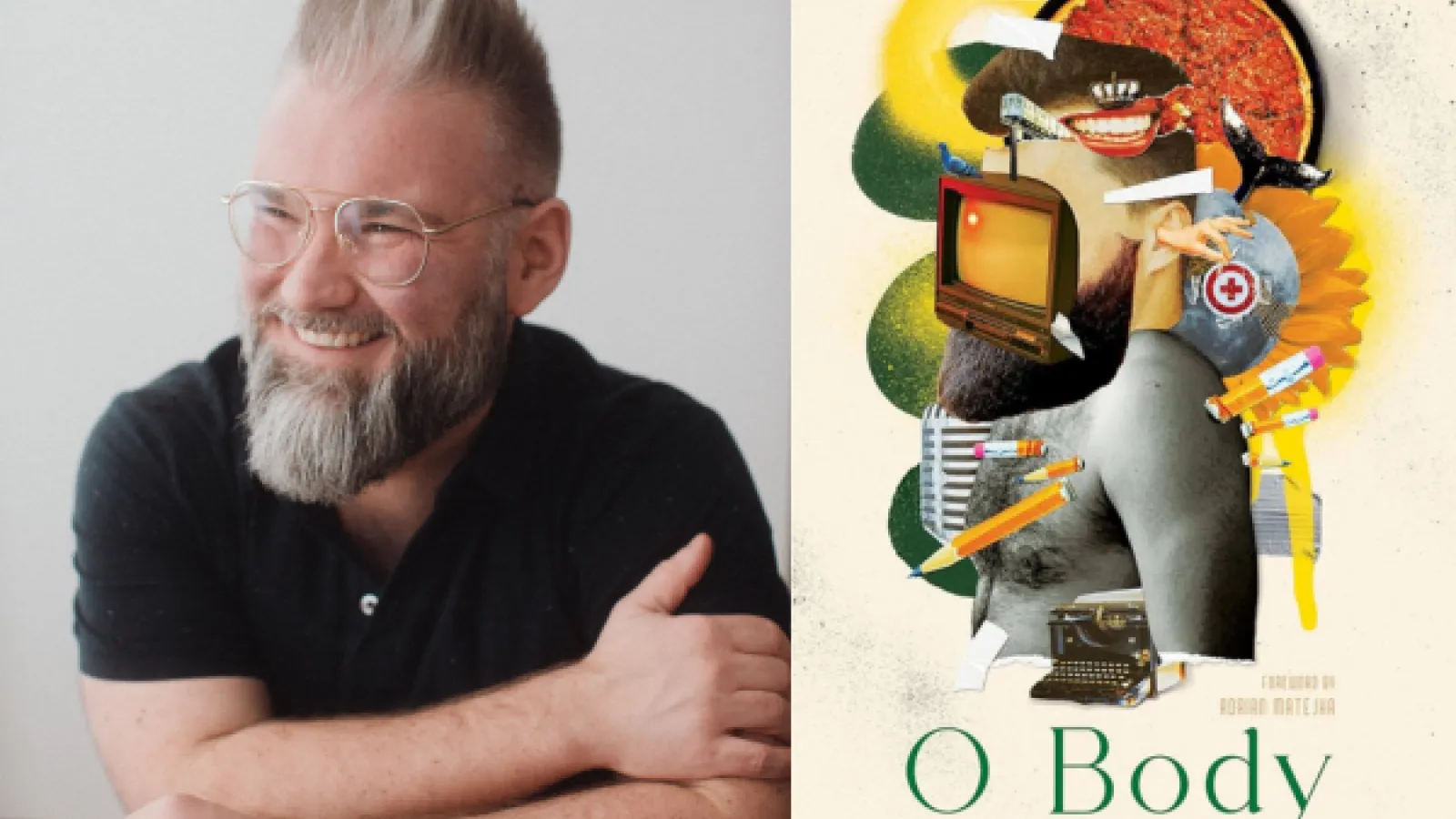 Photo of Dan Sully next to his poetry collection O Body