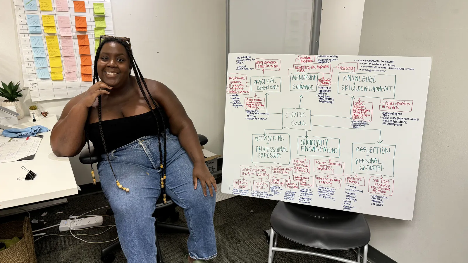 Ashley smiling beside a presentation board with course goals