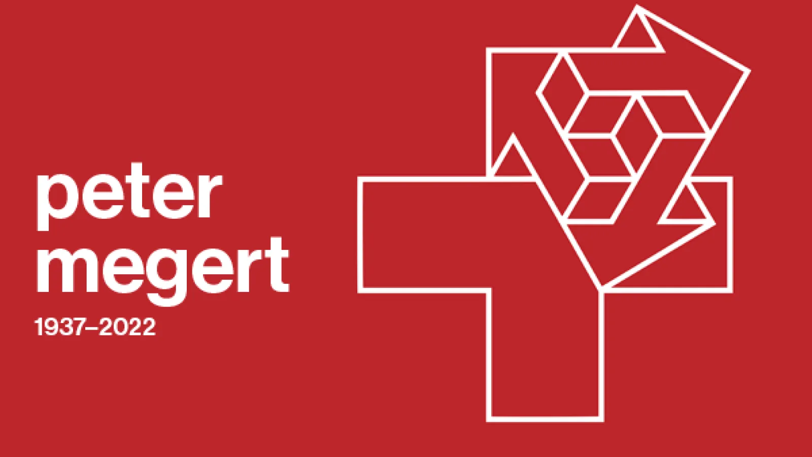 Peter Megert 1937-2022 with red background and plus sign outlined in white