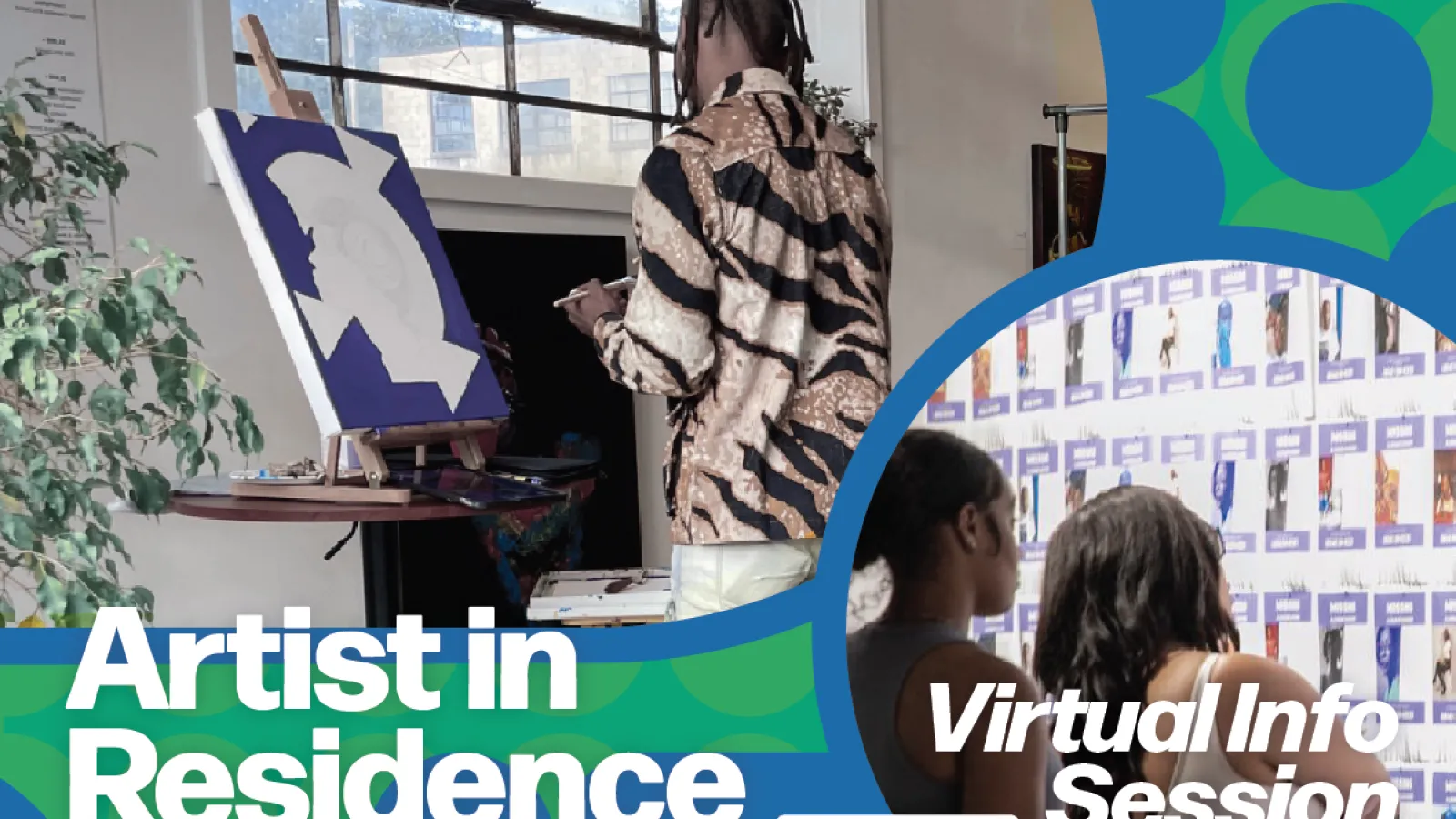 Artist in residence virtual info session with photos of artists at work